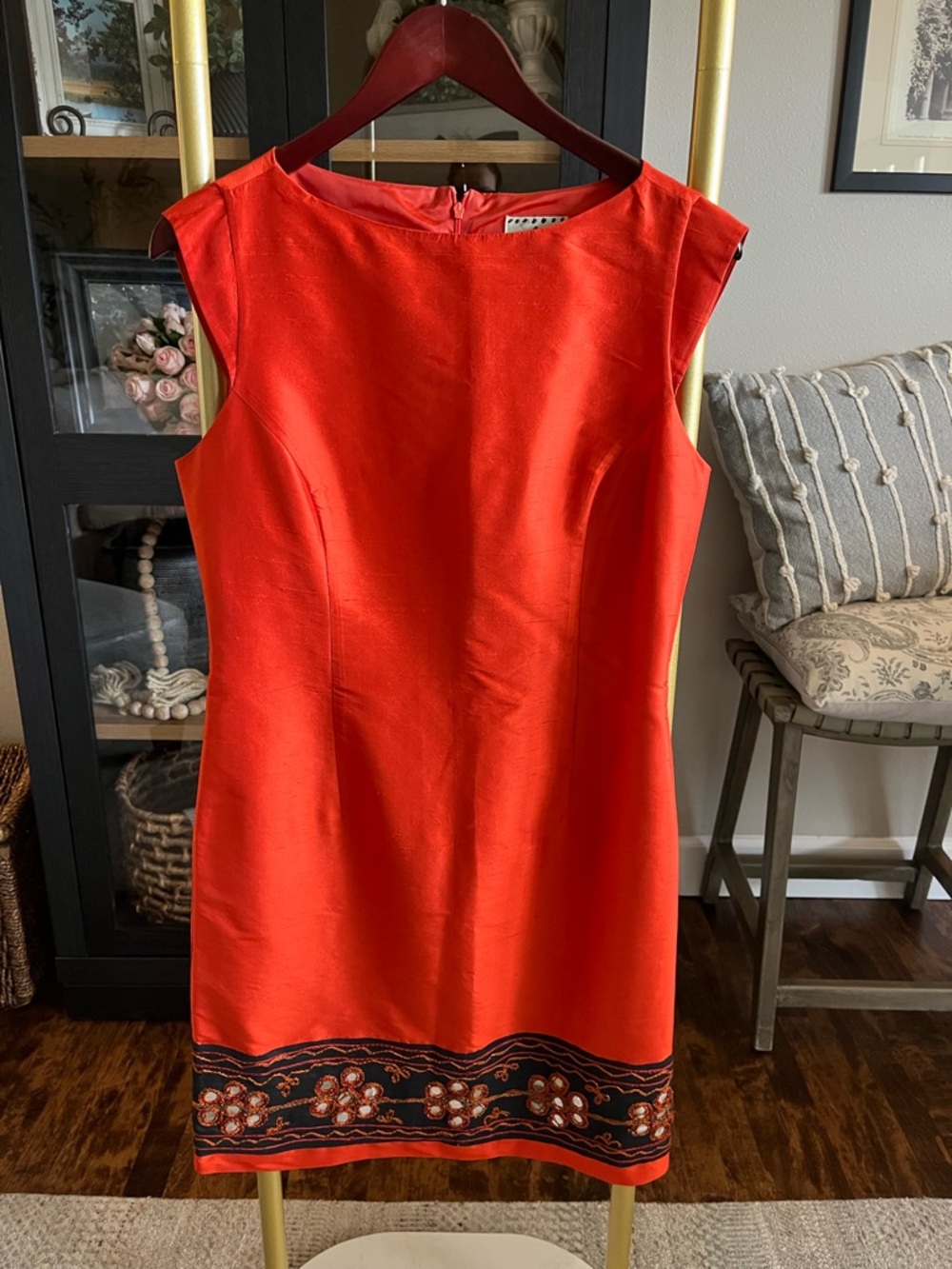 Ice Bright Orange-Red Sleeveless Mini Dress with Embroidered Hem